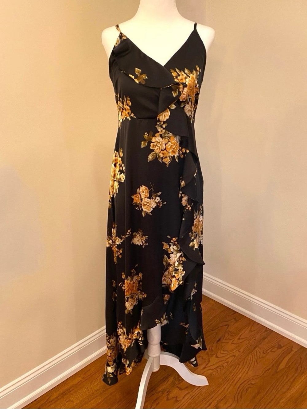 Floral Ruffle Maxi Dress - Black with Mustard Floral